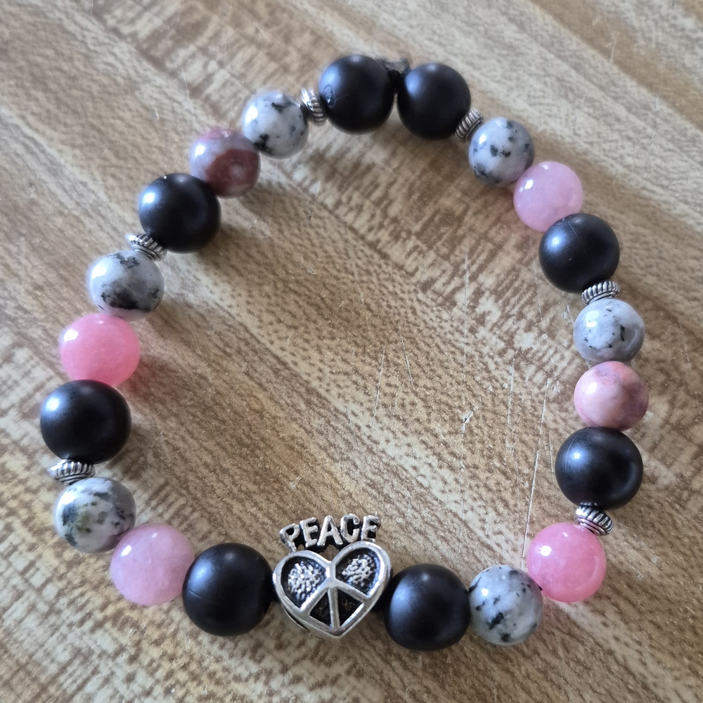 Handmade Peace Braclet With Strawberry Quartz,Mala, and Dalmation Jasper! - Picture 4 of 6